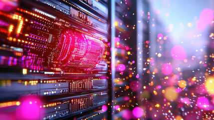 Fototapete - vibrant, futuristic data center with glowing servers and colorful lights creates dynamic atmosphere, showcasing advanced technology and innovation
