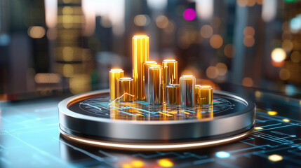 Poster - futuristic 3D rendering of technology platform showcasing glowing bar graphs representing data analysis and growth. vibrant city skyline adds depth and context