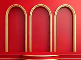 Poster - Red background, three red arches with golden edges on the wall, empty podium in front of them, festive New Year atmosphere, minimalist style