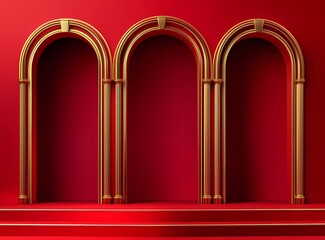 Poster - Red background, three red arches with golden edges on the wall, empty podium in front of them, festive New Year atmosphere, minimalist style