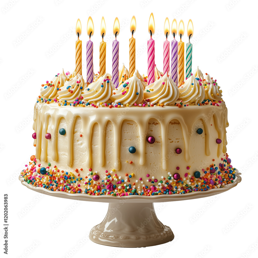 Birthday cake with lit candles on a pedestal. Isolated on transparent ...
