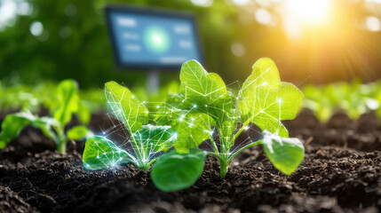 Aufkleber - Innovative sensors monitor plant growth in vibrant garden setting, showcasing advanced technology in agriculture. sunlight enhances lush greenery, creating harmonious blend of nature and tech