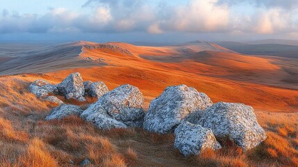 Poster - Sunrise over rocky mountain plateau with colorful autumn hills and cloudy sky