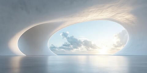 Aufkleber - Serene Abstract Landscape with Smooth Curves and Soft Light Reflecting on Calm Waters under a Beautiful Sky Filled with Clouds and Sunrise Hues
