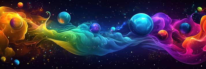 Poster - Colorful galaxy filled with swirling nebula and glowing planets in a mesmerizing cosmic display. Generative AI