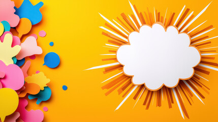 Aufkleber - Bright and colorful speech bubbles on vibrant yellow background, featuring blank comic style speech bubble for text. Perfect for creative communication and design projects