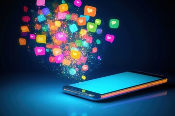 Leinwandbilder - Bright chat bubbles flowing out of smartphone create a lively atmosphere in a modern digital communication setting. Generative AI