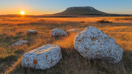 Wall Mural - Sunset over grassy field with rocks, distant mesa at golden hour