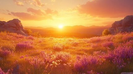 Wall Mural - Sunset over blooming mountain meadow with rocky peaks