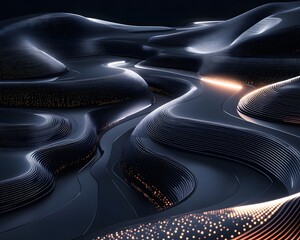 Poster - A captivating view of an abstract landscape featuring organic curves and glowing lines, merging technology and nature in a stunning visual representation.