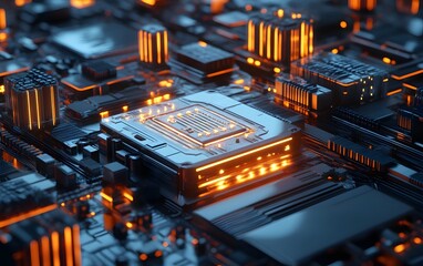 Poster - A close-up view of a high-tech microprocessor surrounded by illuminated circuit boards, showcasing the intricate design and glowing elements that represent advanced computing techn