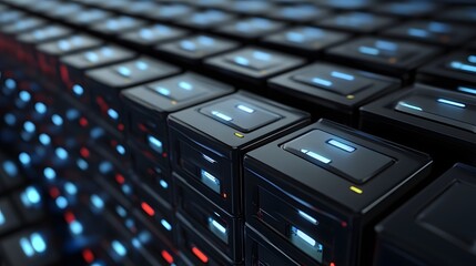 Poster - A close-up view of modern server infrastructure showcasing high-tech servers with illuminated indicators, representing the advancement of data storage and computing technology.