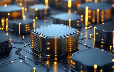 Poster - A close-up view of modern microchips and processors, showcasing intricate designs and glowing lights. This image highlights the advancements in technology and computing power.
