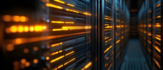 Poster - A close-up view of modern server racks illuminated by glowing lights, showcasing the intricate technology powering data management in a dynamic digital environment.