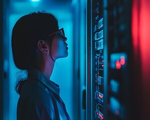 Poster - A focused individual observes a high-tech server room bathed in cool blue and red lighting. This image captures the essence of modern technological environments and innovation.