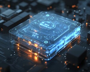 Poster - A futuristic close-up of a transparent computer chip on a circuit board, illuminated with glowing lights, symbolizing advancements in computer technology and innovation.