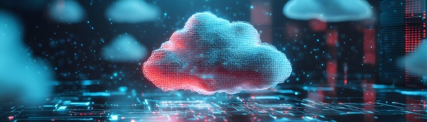 Poster - A futuristic digital cloud floating in a virtual environment, illuminated by colorful lights and reflections