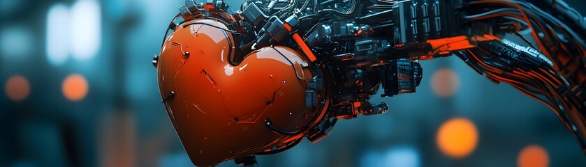 Poster - A futuristic robotic hand holding a glowing heart, symbolizing the fusion of technology and emotion