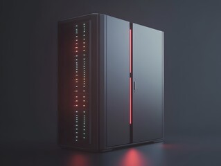 Poster - A futuristic server rack with glowing lights, showcasing advanced technology. The sleek design combines efficiency and high performance, perfect for modern data centers.