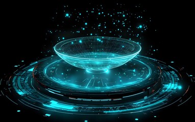 Poster - A futuristic, glowing bowl designed with holographic elements, surrounded by radiant particles in a high-tech environment. Ideal for concepts of innovation and digital aesthetics.