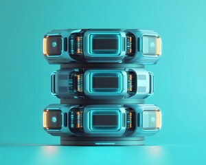 Poster - A futuristic stack of robotic devices surrounded by a vibrant turquoise backdrop, showcasing innovation and advanced technology in a modern setting.