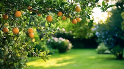 Wall Mural - tangerines growing on the tree in the garden, summer background with copy space