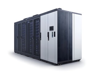 Poster - A modern data center featuring rows of sleek server cabinets, showcasing advanced technology for data storage and management. Perfect for tech-related projects and innovations.