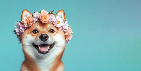cute dog shiba wears a crown of wildflowers against a soft blue background. greeting card for easter