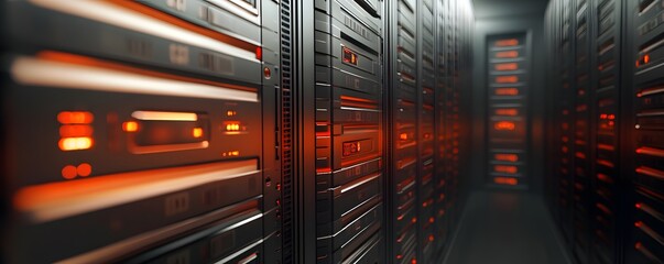 Poster - A modern data center filled with high-performance servers. The strategic lighting highlights the advanced technology, emphasizing efficiency and connectivity in the digital age.