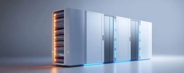 Poster - A modern data center featuring sleek server racks illuminated by LED lights. This futuristic setup showcases advanced technology designed for efficient data processing and storage.