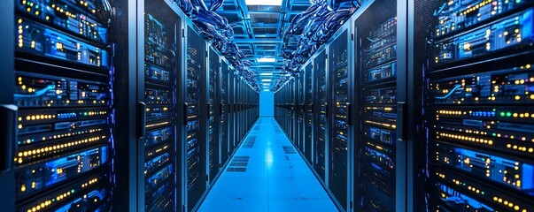 Poster - A modern data center hallway showcasing rows of servers and blue lighting