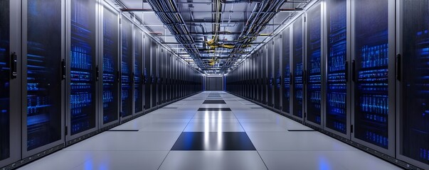 Poster - A modern data center showcasing rows of servers and high-tech equipment. The illuminated pathway between racks highlights the advanced infrastructure supporting digital operations.