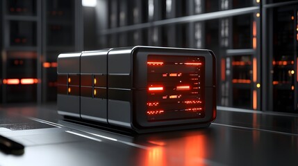 Poster - A modern data storage device with bright red accents showcased in a high-tech server room, emphasizing innovation and advanced technology in digital storage solutions.