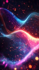 Fototapete - Abstract vibrant waves of light particles flowing dynamically across a dark background