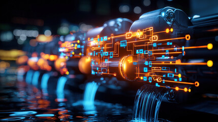 Aufkleber - Futuristic hydroelectric dam with glowing circuits and flowing water, showcasing advanced technology and innovation in energy production