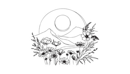 Wall Mural - black and white mountain flowers illustration