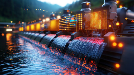 Aufkleber - Futuristic hydroelectric plant with glowing lights and flowing water at dusk, showcasing advanced technology and serene nature
