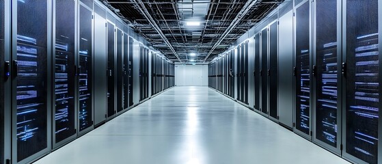 Poster - A sleek, modern data center corridor lined with high-performance servers. The environment is illuminated, showcasing the advanced technology used for data management and storage.