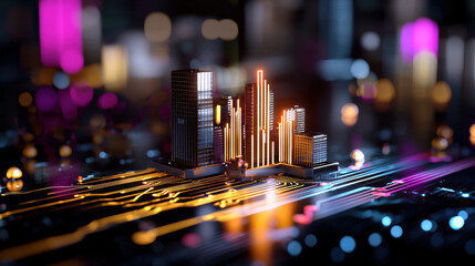 Poster - futuristic cityscape with glowing skyscrapers on digital circuit board, symbolizing fusion of technology and urban development