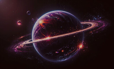Poster - a large planet with a ring around it is shown in a dark background. the planet is surrounded by many