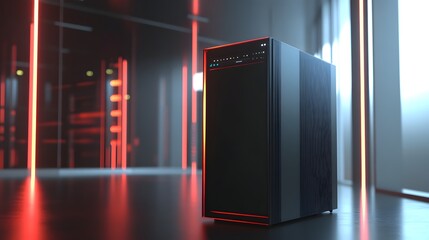 Poster - A sleek, modern computer tower featuring a futuristic design with red accents. Ideal for showcasing advancements in technology and computing power in digital spaces.