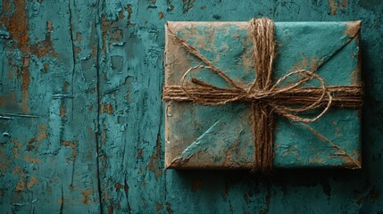 Overhead view of a rustic gift wrapped in teal paper and tied with twine, sitting on a weathered wooden surface.