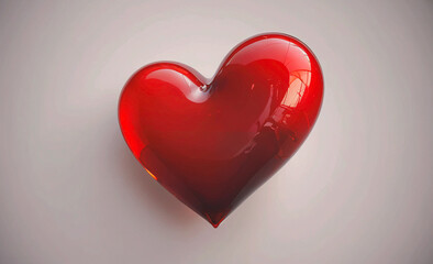 Poster - A heart made of glass is shown in a white background. The heart is red and he is floating in the air. Concept of love and warmth, as the heart is a symbol of affection and care