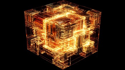 Poster - A stunning digital cube glowing with intricate circuitry and vibrant lights, symbolizing advanced technology and innovation in a modern world.