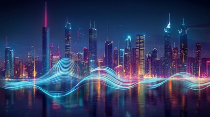 Poster - Futuristic city skyline with glowing waves and reflections on dark water at night