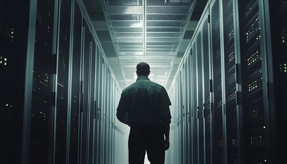 Poster - A tech professional stands in a server room, surrounded by rows of servers. The dramatic lighting accentuates the importance of data management in modern businesses.