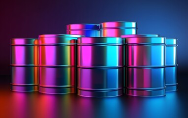 Poster - A vibrant arrangement of metallic barrels illuminated with colorful lights, creating a captivating visual effect. Perfect for industrial themes and modern design elements.