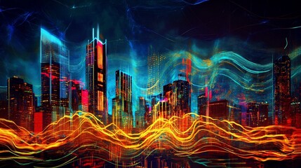 Poster - Futuristic Cityscape with Abstract Energy Flow, Vibrant Neon Lights and Dynamic Lines