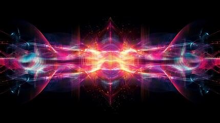 Fototapete - Abstract symmetrical digital waves pattern with vibrant colorful light effects on dark background