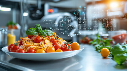 Aufkleber - Fresh salad with cherry tomatoes and herbs in modern kitchen, showcasing vibrant colors and high tech food processing environment